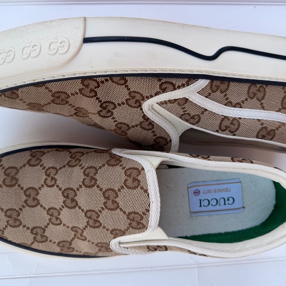 Gucci Beige and Brown Monogram Slip-On Loafers - Picture 2 of 7